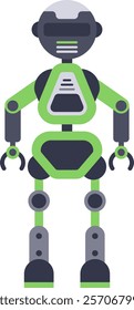 Green and grey robot standing with arms outstretched, featuring a futuristic design with intricate details, evoking themes of artificial intelligence, automation, and technological advancement