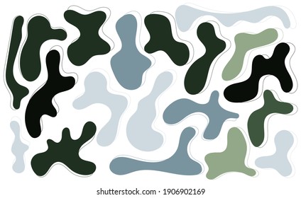 Green and grey rregular blob, set of abstract organic shapes. Abstract irregular random blobs. Simple liquid amorphous splodge. Trendy minimal designs for presentations, banners, posters and flyers