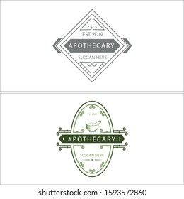 Green Grey Square Oval Ornament Mortar Arrow Bowl Classic Logo Designs Suitable For Medical Pharmaceutical Clinic Apothecary Doctor Health Herbal Medicine Leaf Technology