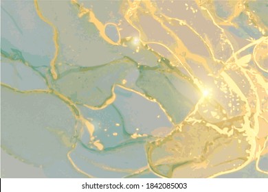 Green, grey, teal and gold stone marble texture. Alcohol ink technique abstract vector background. Modern luxury paint in natural colors with glitter. Template for banner, poster. Fluid art painting