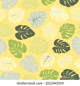Green grey yellow vector tropical pattern with jungle leaves, seamless fabric background. Floral jungle ornament monstera leaf tropical seamless pattern. Philodendron or monstera plant background.
