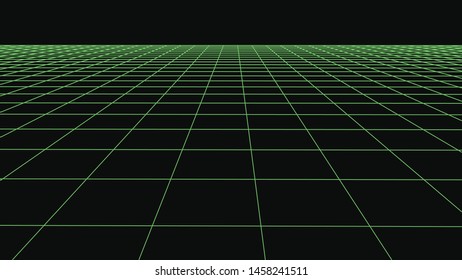 Green grid on black background. 3d wireframe landscape. Perspective. Vector illustration.