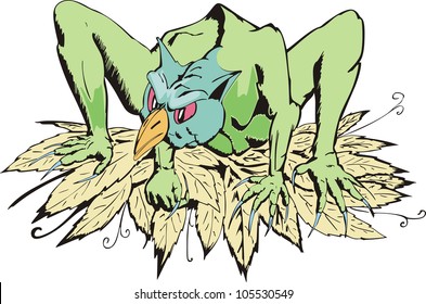 Green griffin monster on leaves. Color vector illustration.