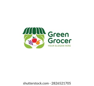 Green Grocer Grocery Store Logo with Fresh Fruit Market Emblem, Organic Produce Branding for Supermarket, Farmers Market, Healthy Food, Retail, Nutrition and Food Delivery Business