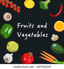 Green grocery frame with dark background, fruits and vegetables shop, realistic flat vector illustration.