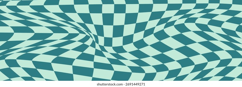 Green groovy checker seamless pattern, wavy abstract retro checkerboard background