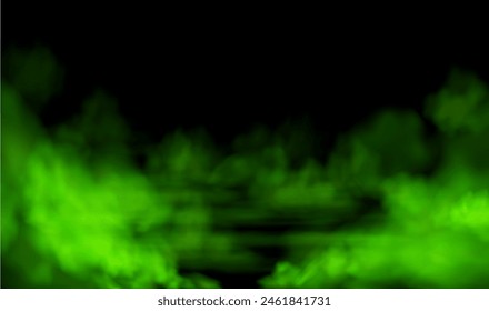 Green ground smoke, fog clouds vector illustration. Realistic effect mist or smog horizon on black background. Illuminated steam, vapor gases blur. Glowing fume rises up, flowing