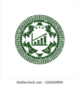 Green growth chart icon inside distress rubber grunge texture stamp