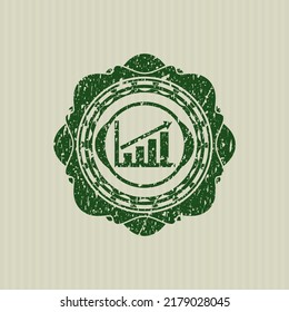 Green growth chart icon inside distressed rubber stamp. 