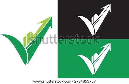 Green Growth Checkmark Logo with Upward Arrow and Business Analytics Bars
