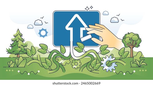 Green growth as sustainable future and development outline hands concept. Up arrow growing from roots of plant as environmental and nature friendly progress vector illustration. New eco business.