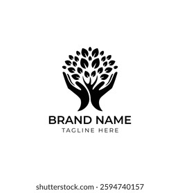 Green Growth Vector Logo Organic Tree and Hands Symbol
