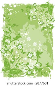 green grunge background with leaves, flowers and butterflies - vector