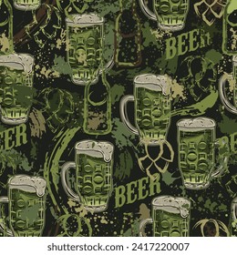 Green grunge camouflage pattern with beer glass, abstract paint splatter, smudges., brushstrokes, blots. Outline silhouette of bottles, hop cones. Random composition.