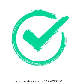 Green grunge check mark. Correct answer, checking vote or choice approval icon, checks brush mark. label Checked circle accept quality stamp vector symbol