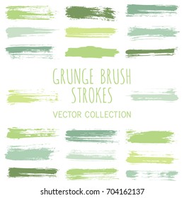 Green grunge paint brush stroke stripes vector set, paint dab graphic design elements. Can be used in colors guide book, interior design catalog, printing industry. Brush or marker pen isolated traces