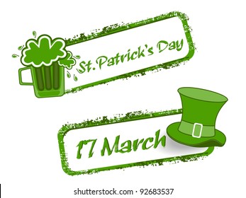 Green grunge rubber stamp with Beer mug,cap and the text St. Patrick's Day written inside, vector illustration