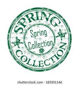 Green grunge rubber stamp with butterflies and the text spring collection written inside the stamp