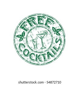 Green grunge rubber stamp with cocktail glasses, mint leaves and the text free cocktails written inside the stamp