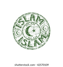 Green grunge rubber stamp with islamic symbols and the word Islam written inside the stamp