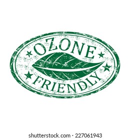 Green grunge rubber stamp with a leaf and the text ozone friendly written inside the stamp