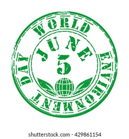 Green grunge rubber stamp with leaves, heart and the text Earth Day written inside. 5 June. Design element for celebration of Earth Day. Vector illustration