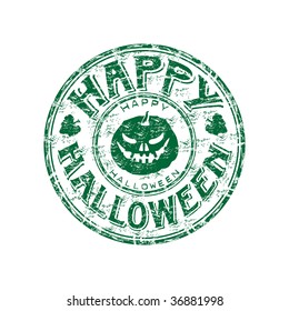 Green grunge rubber stamp with smiling pumpkin shape and the text happy Halloween written inside the stamp