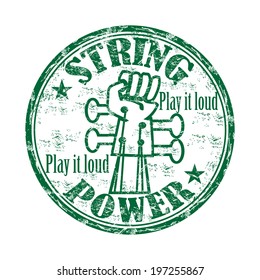 Green grunge rubber stamp with the text string power play it loud, written inside the stamp