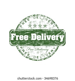 Green grunge rubber stamp with the text free delivery written inside the stamp