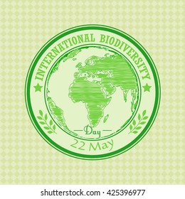 Green grunge rubber stamp with the text Biodiversity international day 22 May written inside.vector