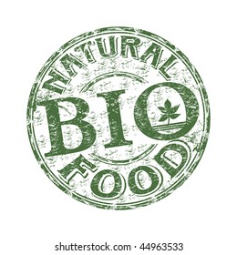 Green grunge rubber stamp with the text bio natural food written inside the stamp