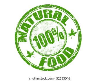 Green grunge rubber stamp with the text natural food 100% written inside 