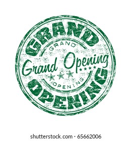 Green grunge rubber stamp with the text grand opening written inside the stamp