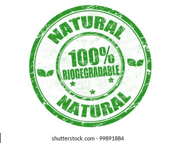 Green grunge rubber stamp with the text Natural - 100% Biodegradable written inside, vector illustration