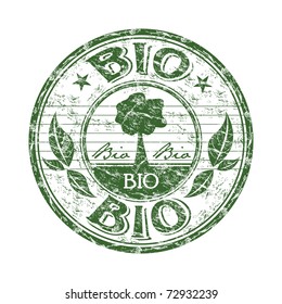Green grunge rubber stamp with tree shape and the text bio written inside the stamp