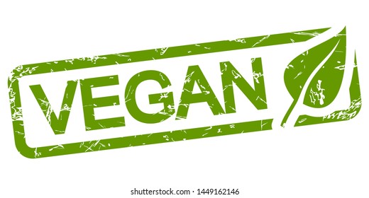 green grunge stamp with frame, big leaf and text VEGAN