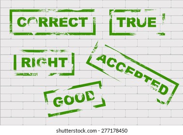 Green grunge stamps set on a white brick wall, vector eps10 illustration