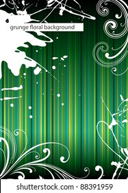 Green grunge striped background with floral element