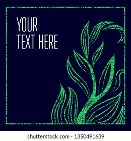 Green grunge vector background - greeting card (invitation) with leafs anf flowers