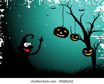 green grungy background with pumpkin hanging on tree, witch