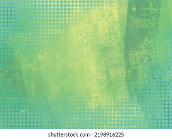 Green grungy brush textured paint storke with blue turquoise polka dots pattern decoration on top vector wallpaper. Soft forest spring themed backdrop with rectangle shaped template.