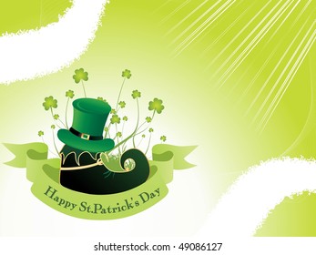 green grungy corner, wave background with patrick banner and hat on shoes