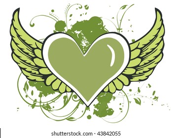 green grungy, floral pattern background with ornate heart