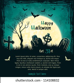 Green grungy halloween background with full moon, tombstones and bats. Vector Illustration.