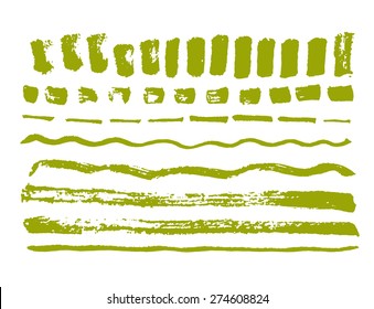 Green grungy vector abstract hand-painted brush strokes. Collection of hand drawn lines. Vector set of design elements