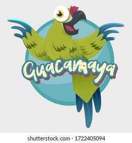 a green guacamaya / parrot smiling with the text "guacamaya" and a circular background