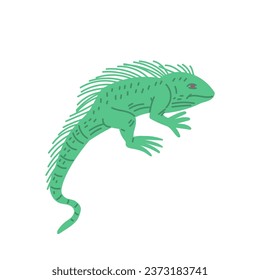 Green guana. Hand drawn lizard character, side view isolated on white background. Childish colorful flat vector illustration of pet reptile animal. Exotic crawling mammal