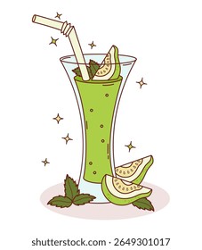 Green Guava Drink with tropical Fruit slices and Mint leaves. Summer Refreshing Cocktail with glass and straw. Vector Illustration. Not ai