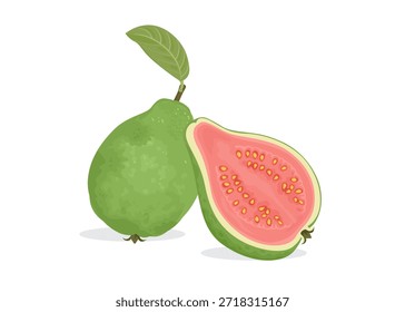 Guayaba verde de fruta entera y la mitad con pulpa de fruta rosa aislado sobre fondo blanco