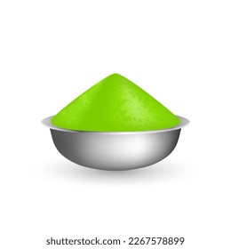 Green gulal in bowl. Decorative element for Holi festival design